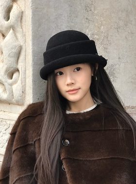 民国风羊毛黑色小礼帽女秋冬盆帽