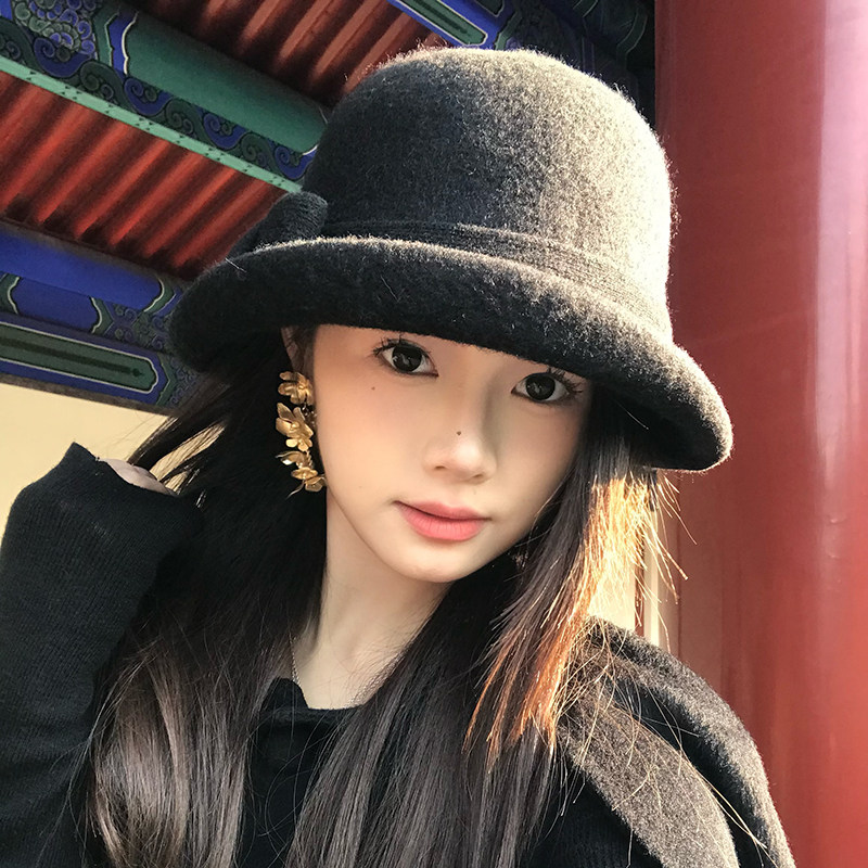 民国复古羊毛小礼帽女秋冬法式气质盆帽蝴蝶结赫本风圆顶渔夫帽子