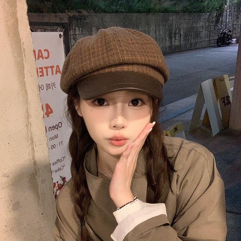 日系复古毛呢拼pu皮八角帽子女秋冬文艺报童帽格纹贝雷帽女画家帽
