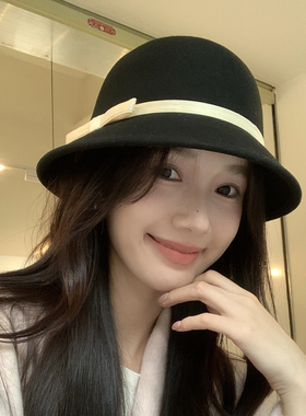 优雅赫本风羊毛蝴蝶结黑色小礼帽