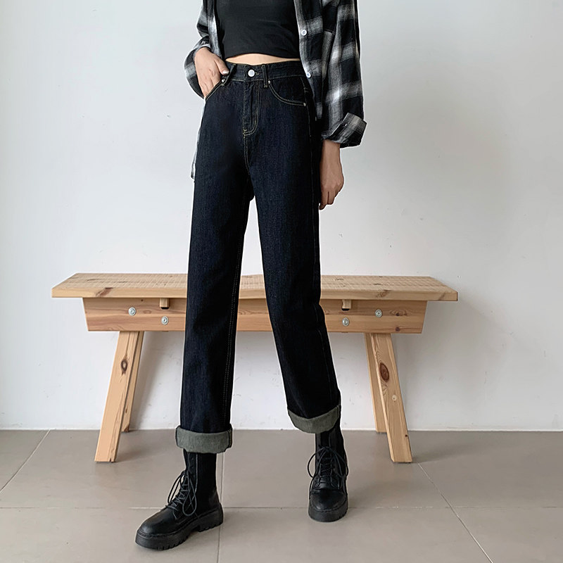 黑色直筒宽松加绒高腰阔腿子牛仔裤 g58服饰牛仔裤