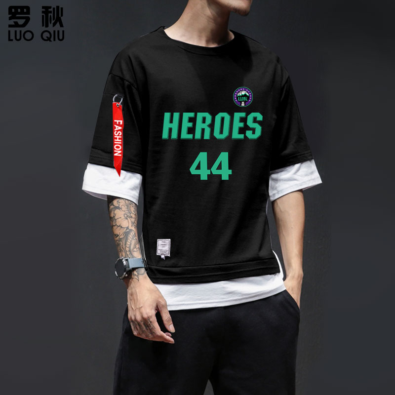 山东西王队服篮球迷服假两件5五分袖男女短袖t恤衫中袖宽松球衣服