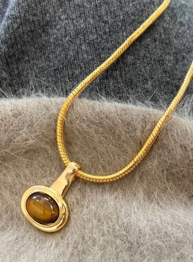 轻奢美拉德椭圆虎眼石项链女ins欧美复古风吊坠小众设计感锁骨链