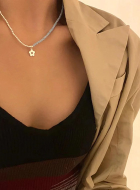 蓝色天然石金属花朵项链女设计感小众个性简约百搭时尚颈链锁骨
