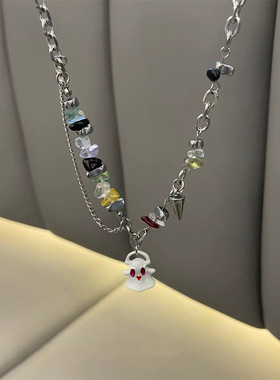 黑白小幽灵怪兽金属链条拼接项链男女款感小众个性气质锁骨链