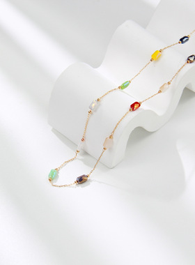 欧美简约彩色钛钢项链不掉色女生百搭感水晶锁骨链配饰新品