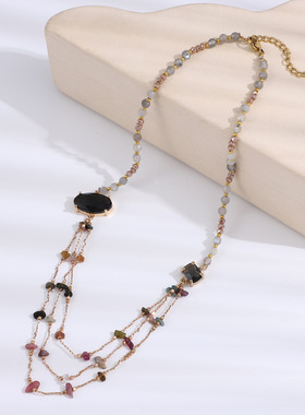 欧美复古轻奢感天然碧玺石钛钢串珠项链女小众新中式毛衣链