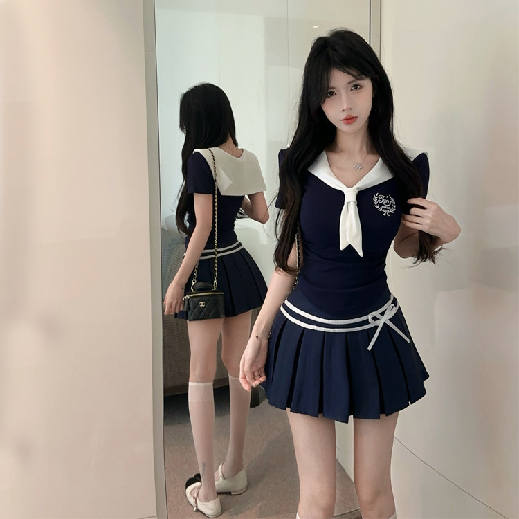 纯欲风甜辣妹JK制服套装女海军领短袖t恤百褶短裙足浴技师工作服,淘宝优惠券,粉丝福利购,淘宝优惠卷