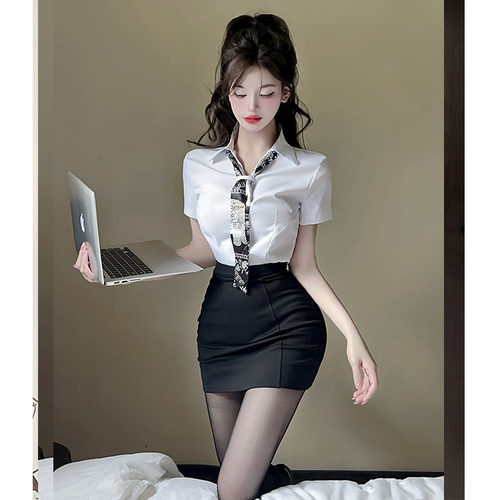 酒店前台水疗足浴技师工作制服女配丝巾短袖白衬衫包臀裙两件套装 - 图0