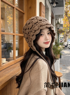 秋冬手工钩花流苏包头帽子显脸小