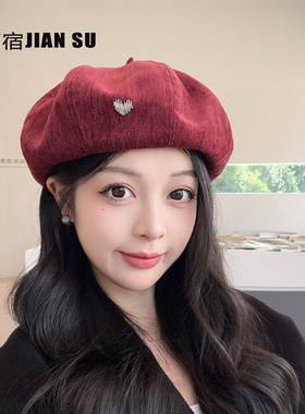 日系复古显脸小咖色贝雷帽子女秋