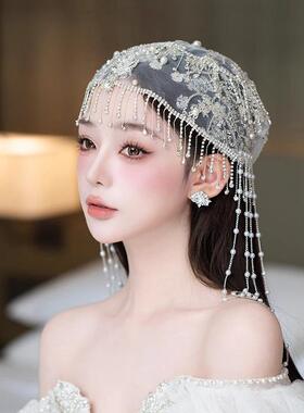 新款手工串珠水钻绢纱时尚帽子发饰新娘跟妆影楼旅拍造型结婚头饰