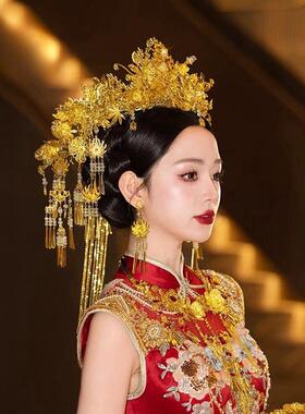 金色中式新娘秀禾服头饰古风汉服龙凤褂结婚凤冠霞帔古装婚礼发饰