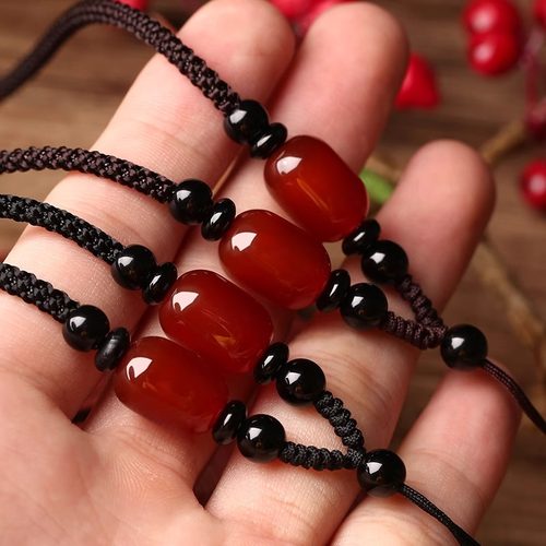 绳子吊坠挂绳红色玛瑙玉石玉佩手工编织项链绳男士高端挂脖挂件女 - 图1