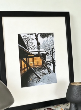 棕榈树小众装饰画中古风设计师小画实木框植物蓝色包豪斯挂画组合