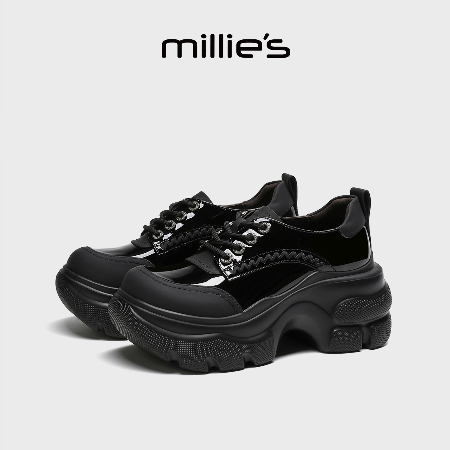 MILLIE'S/妙丽复古厚底小皮鞋女2026新款春季黑色增高深口单鞋,淘宝优惠券,粉丝福利购,淘宝优惠卷