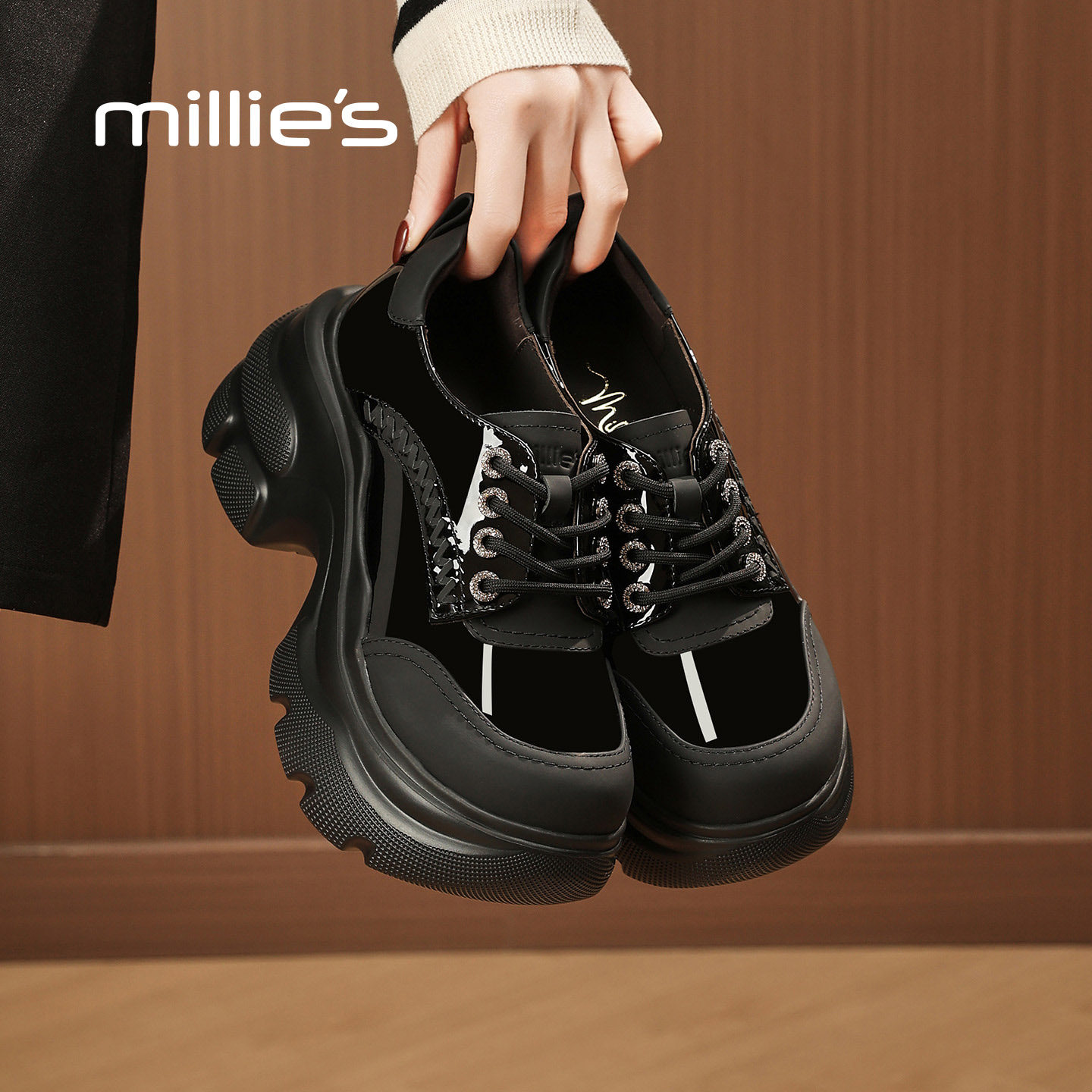 MILLIE'S/妙丽小个子厚底运动鞋女春季新款英伦复古系带深口单鞋,淘宝优惠券,粉丝福利购,淘宝优惠卷