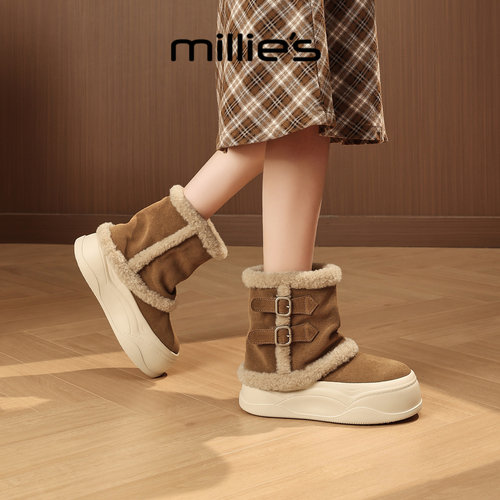 MILLIE'S/妙丽毛绒雪地靴女款冬季加绒保暖双扣带中筒靴厚底棉靴 - 图3
