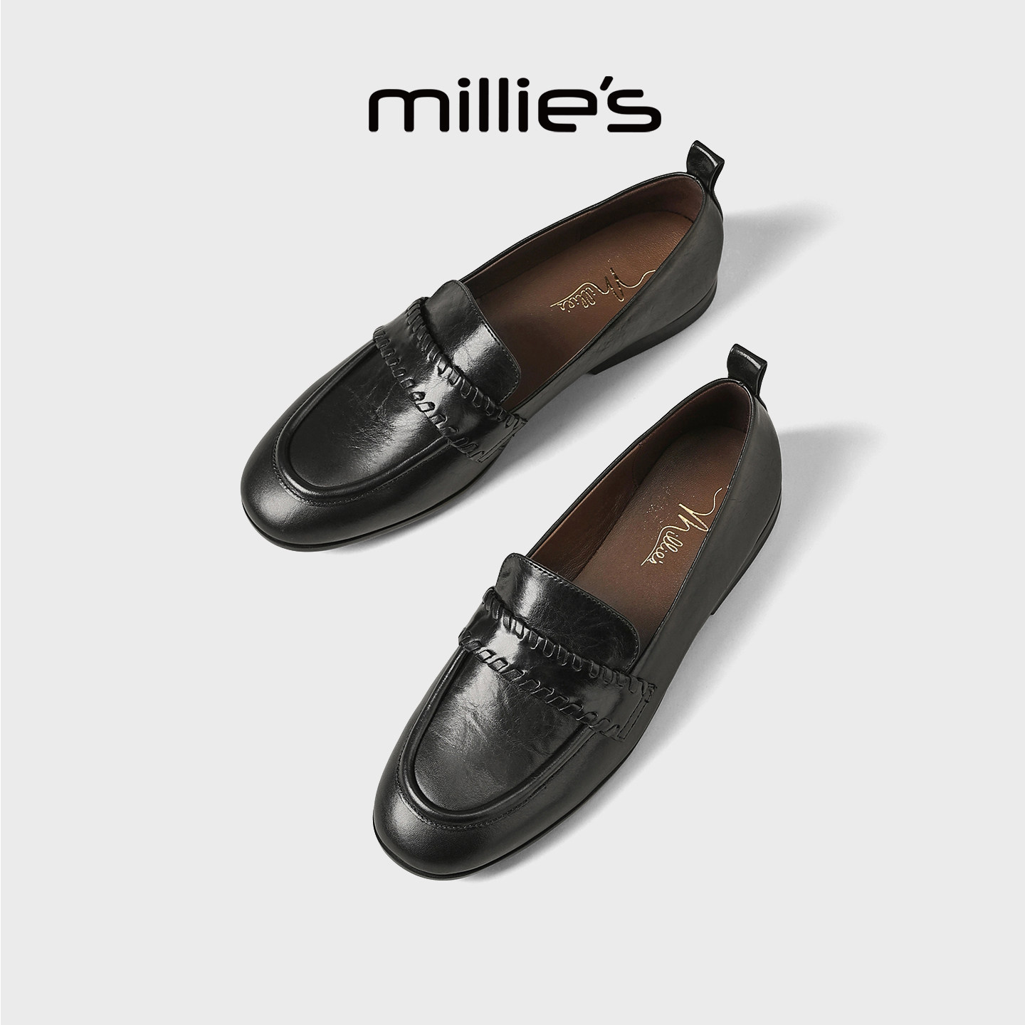 MILLIE'S/妙丽真皮平底乐福鞋女春季黑色一脚蹬通勤复古风豆豆鞋,淘宝优惠券,粉丝福利购,淘宝优惠卷