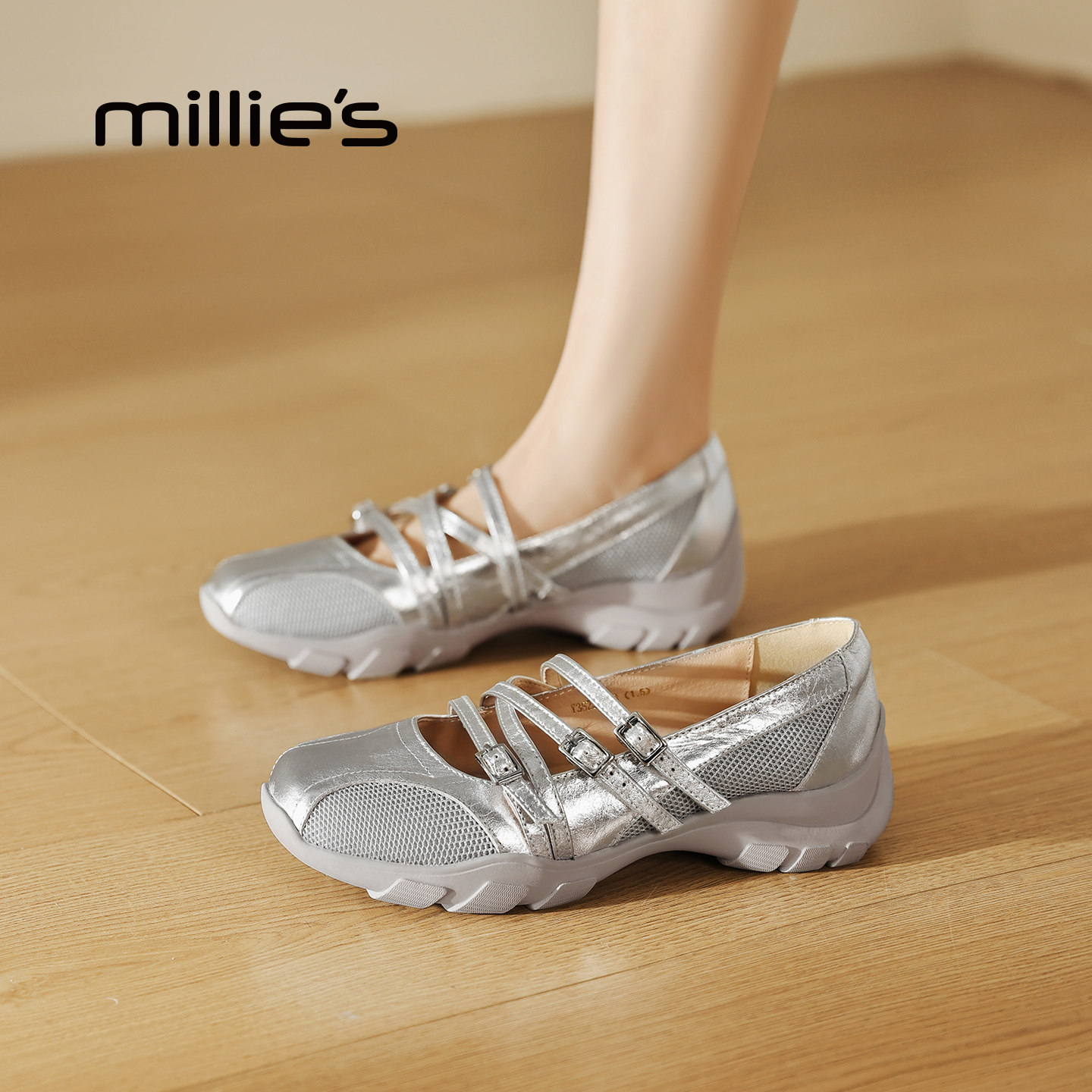 MILLIE'S/妙丽银色交叉带玛丽珍鞋女平底芭蕾舞鞋一字扣百搭单鞋,淘宝优惠券,粉丝福利购,淘宝优惠卷