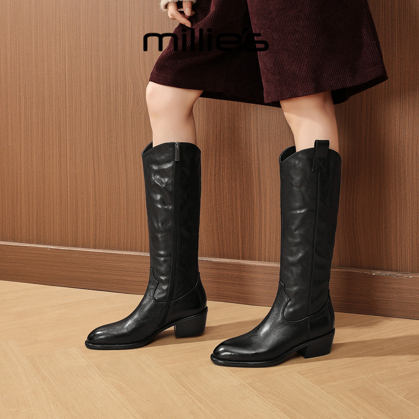 MILLIE'S/妙丽复古黑色高筒骑士靴女2025新款冬季加绒粗跟长筒靴,淘宝优惠券,粉丝福利购,淘宝优惠卷
