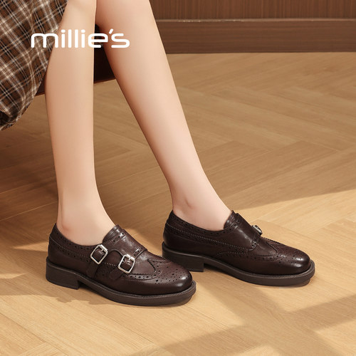 MILLIE'S/妙丽布洛克乐福鞋女2026春季新款棕色真皮厚底增高单鞋 - 图2