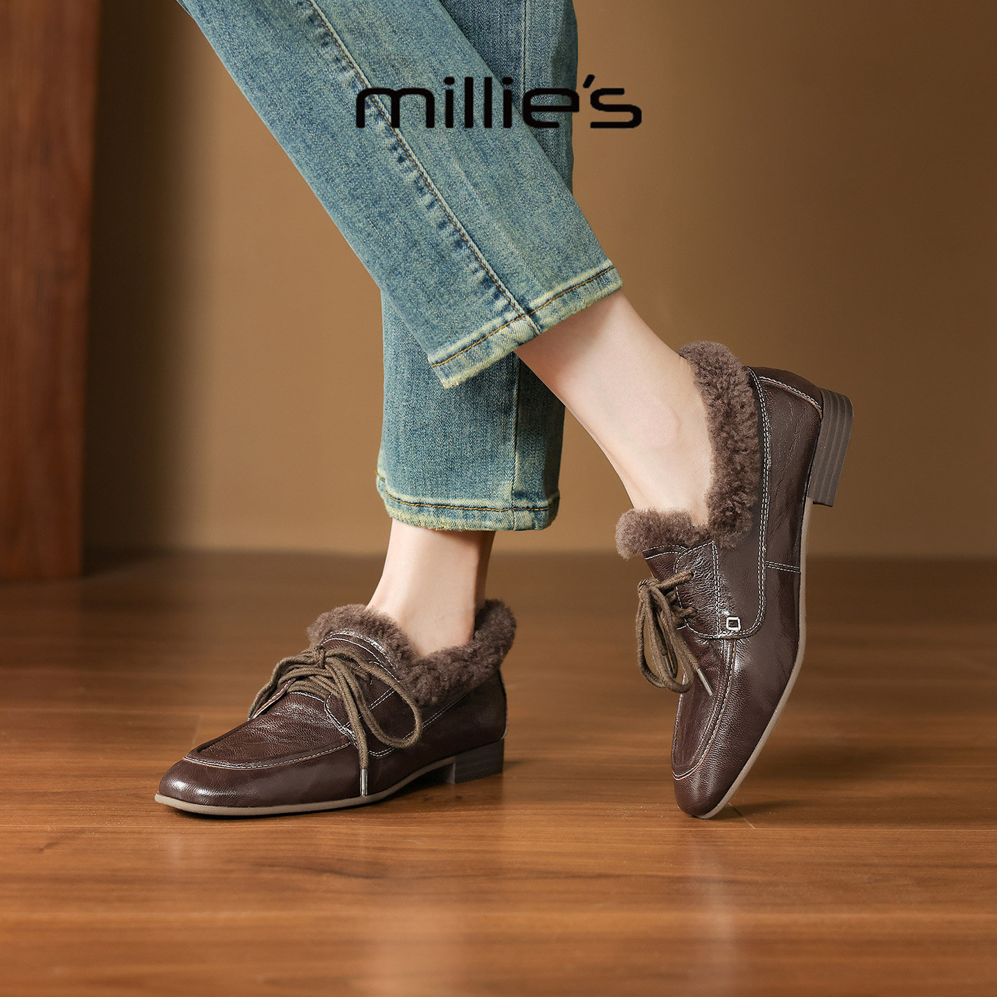 MILLIE'S/妙丽小皮鞋女2025新款冬季加绒保暖毛毛棉鞋乐福豆豆鞋,淘宝优惠券,粉丝福利购,淘宝优惠卷