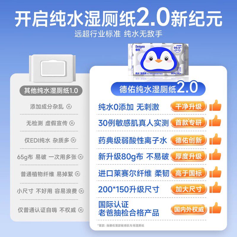 德佑湿厕纸家庭实惠装厕纸湿巾纯水洁厕湿手纸湿纸巾女士孕妇专用