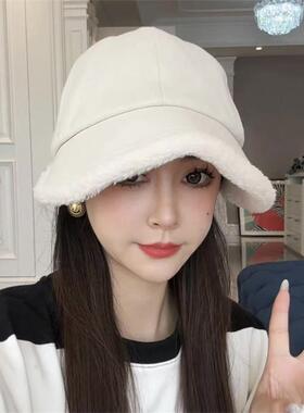 秋冬大帽檐鸭舌帽女出游可挂口罩加绒加厚休闲渔夫帽显脸小棒球帽
