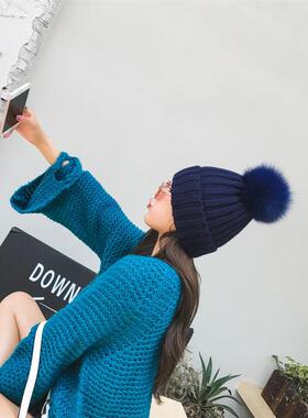 冬季超大狐狸毛球黑色毛线帽女韩版潮加厚保暖百搭护耳针织帽子女