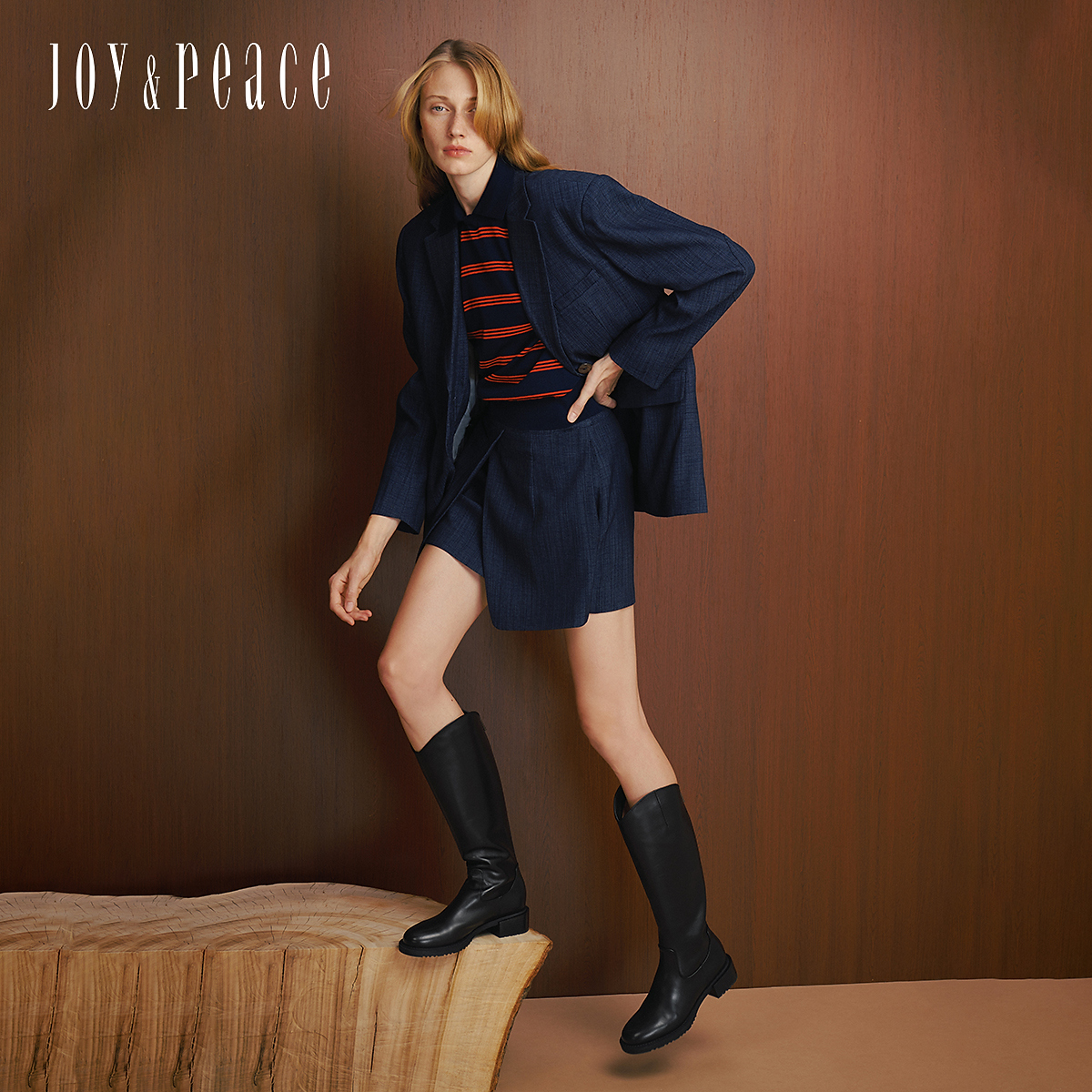 真美诗冬季质感牛皮圆头显瘦V口长筒靴粗跟骑士靴女YUJ38DG5 - 图1