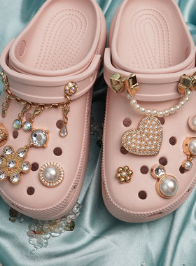 轻奢crocs洞洞鞋珍珠炼宝石鞋花