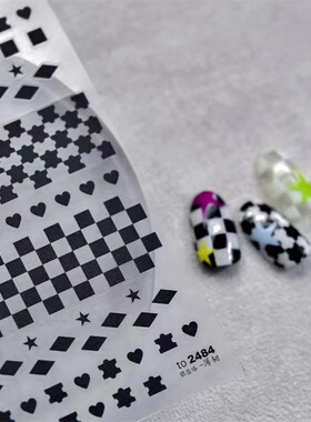 秋冬黑白棋盘格美甲贴纸