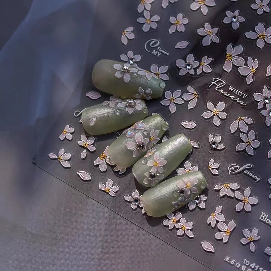 流苏白梨花美甲贴纸晶钻粉粉花瓣小清新花朵背胶5d新款指甲贴装饰