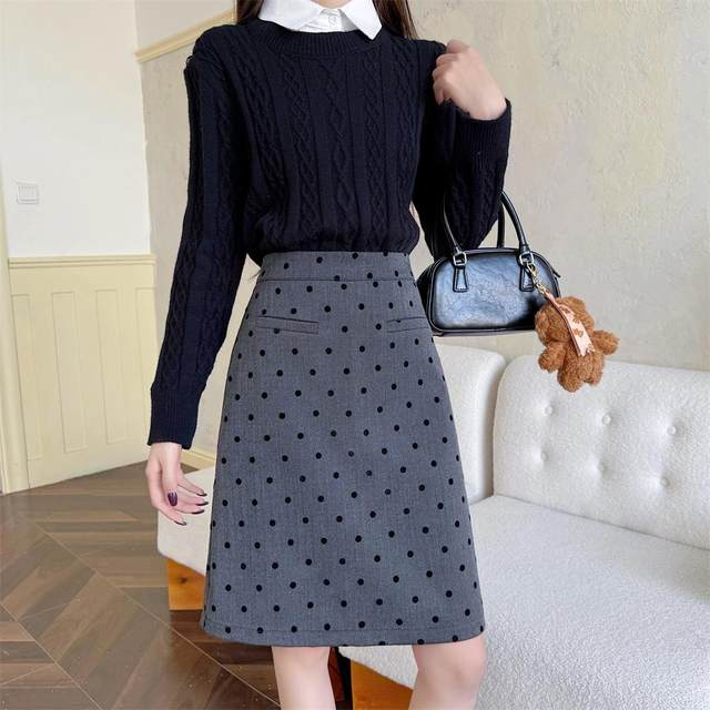 French miu intellectual gray polka dot midi skirt