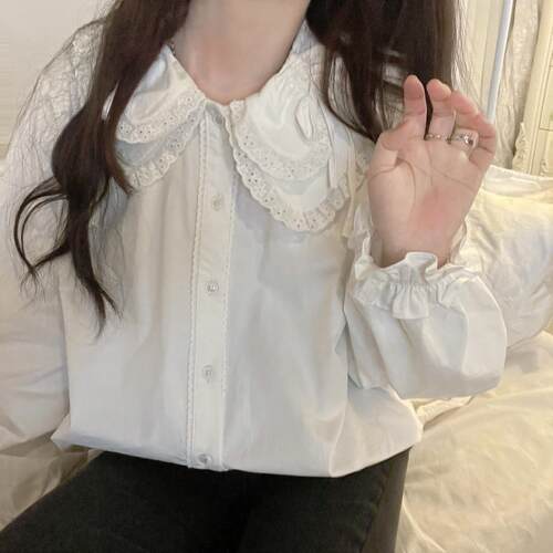 夏季日系软妹可爱花边娃娃领系带短袖lolita内搭衬衫女上衣打底衫 - 图2