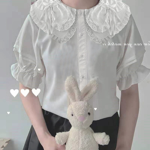 夏季日系软妹可爱花边娃娃领系带短袖lolita内搭衬衫女上衣打底衫 - 图3
