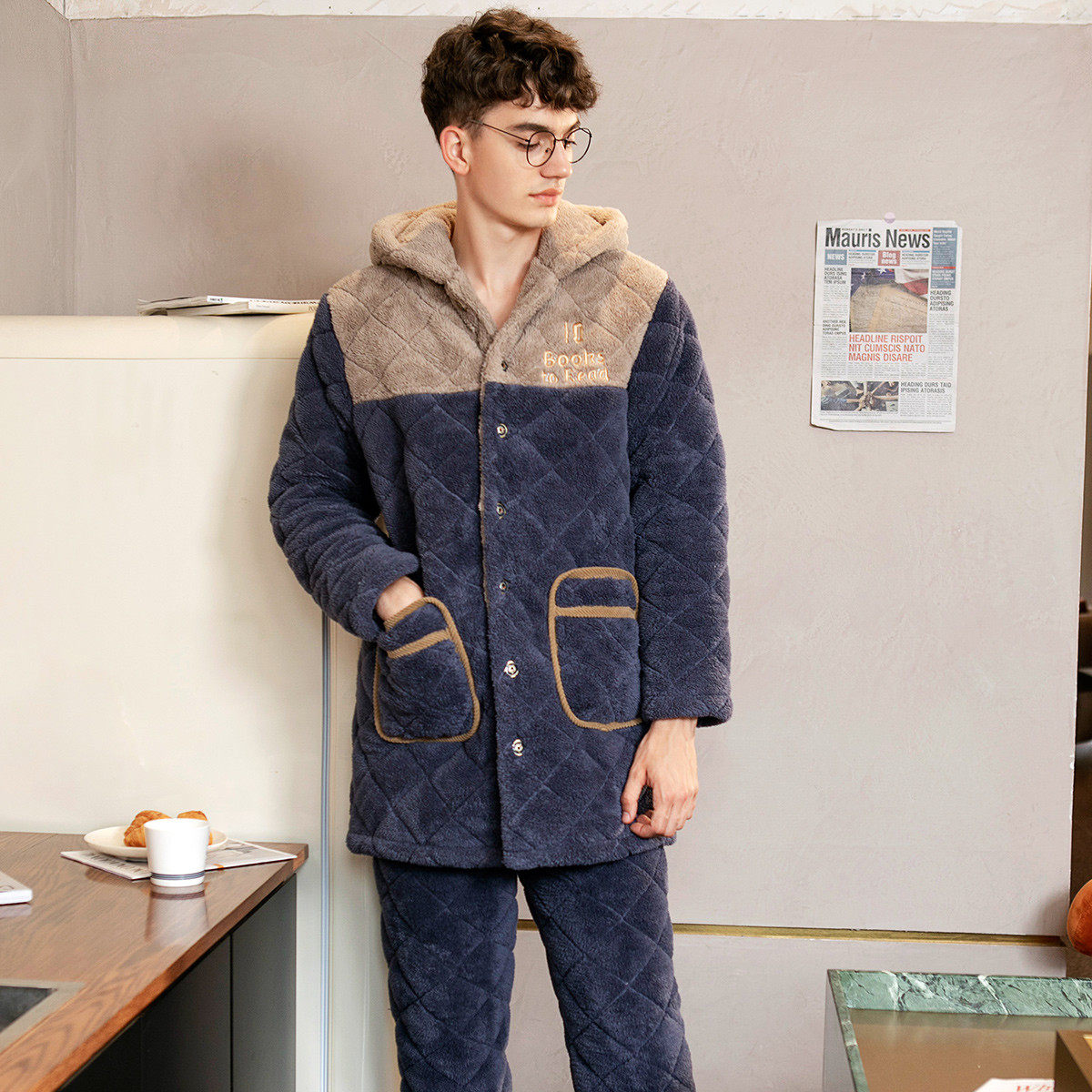 芬腾男士加厚连帽北极绒超厚睡衣 芬腾润诚睡衣/家居服套装