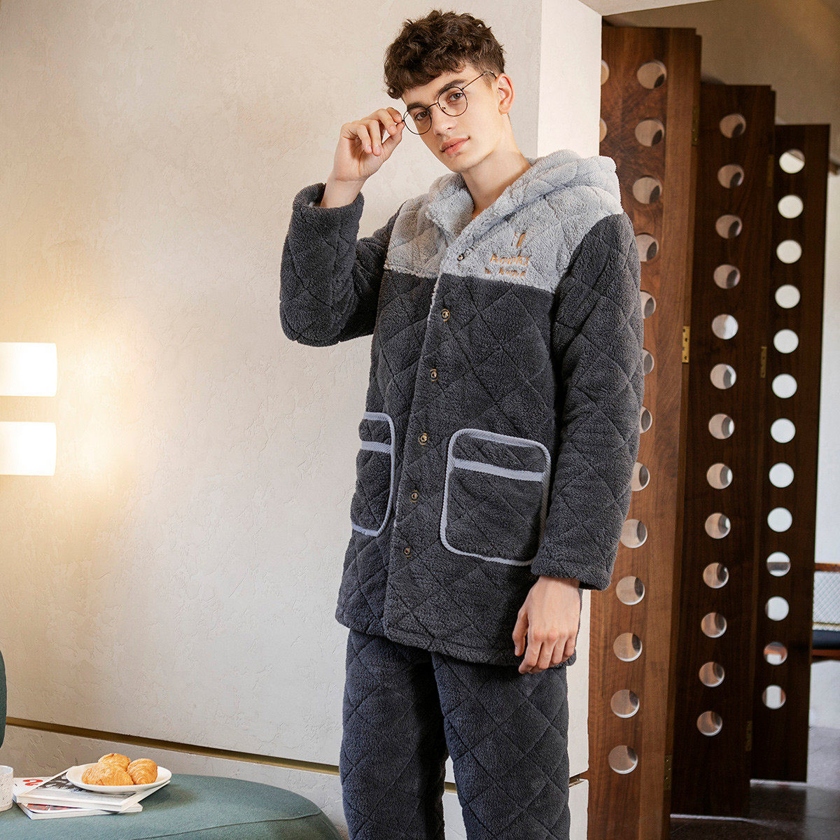 芬腾男士加厚连帽北极绒超厚睡衣 芬腾润诚睡衣/家居服套装