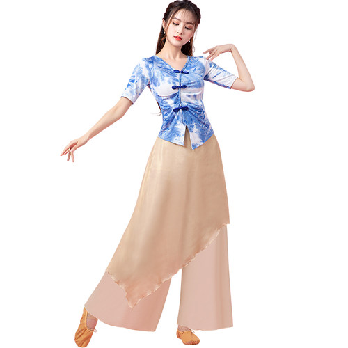 古典舞练功服装女新款身韵扎染上衣中国民族现代舞蹈训练修身短袖 - 图3
