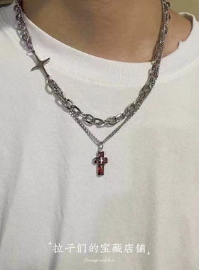 高级感双层十字架项链男潮钛钢高级感小众设计百搭嘻哈风毛衣链女