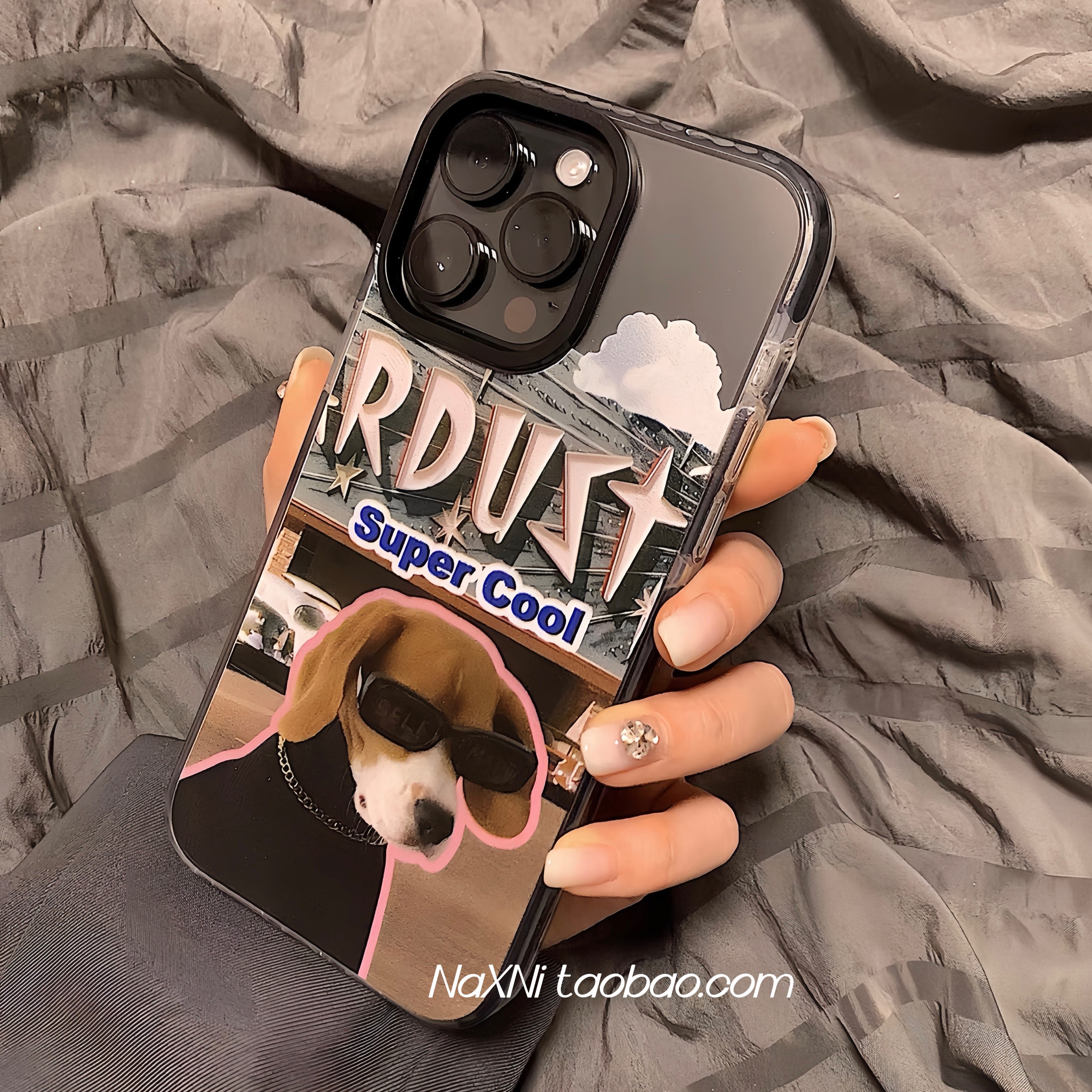 美式复古搞怪墨镜猫狗适用iPhone16proMax手机壳苹果14情侣透明13黑色边框15Pro保护套xr/11大孔硅胶软壳