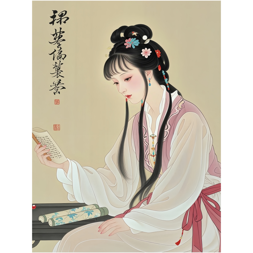 超美林黛玉国画风格海报客厅卧室茶室走廊过道装饰自粘贴纸画中式