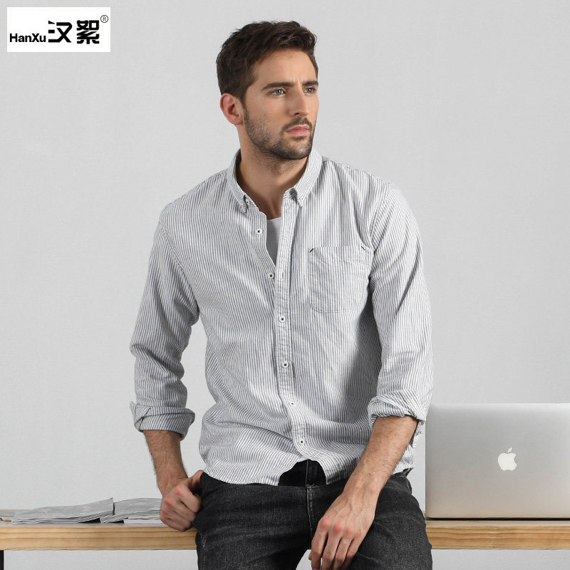 汉絮牛津纺条纹长袖男士修身潮衬衫 汉絮衬衫
