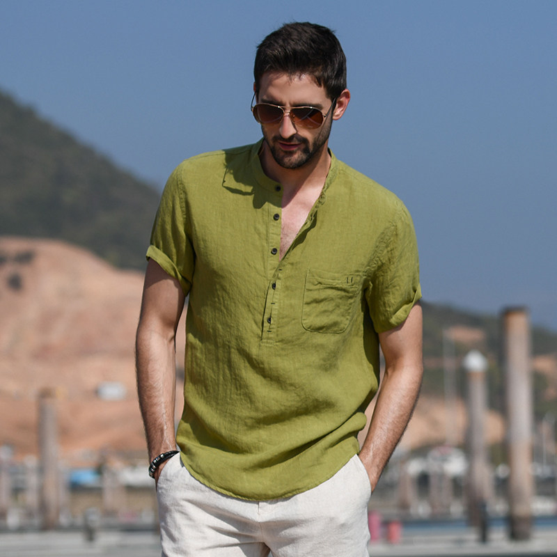 汉絮夏装立领亚麻短袖男士纯色衬衫 汉絮衬衫
