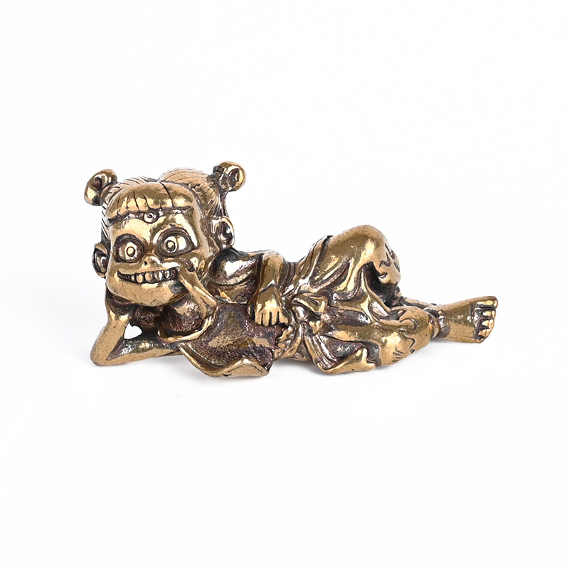 黄铜茶宠哪吒摆件复古做旧神话三太子居家茶桌书房笔搁古玩铜艺品