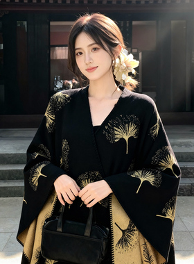 秋冬新中式银杏叶斗篷披肩