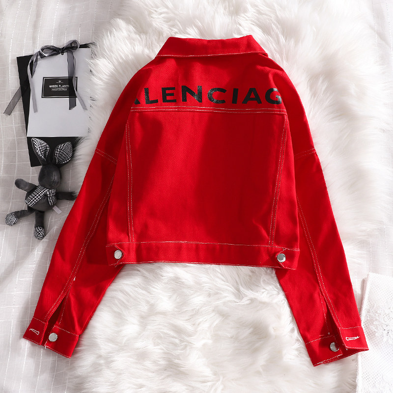 红色牛仔2020春秋新款韩版短外套 花胡猫短外套