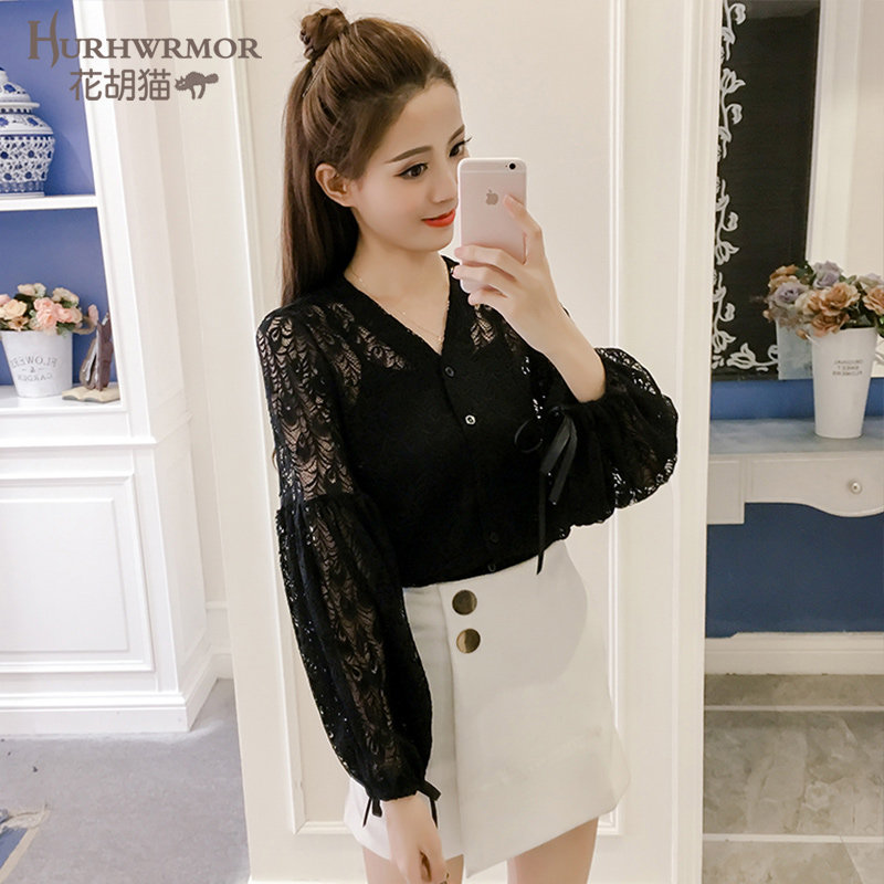 黑色蕾丝2020秋季新款气质v领衬衫 花胡猫蕾丝衫/雪纺衫