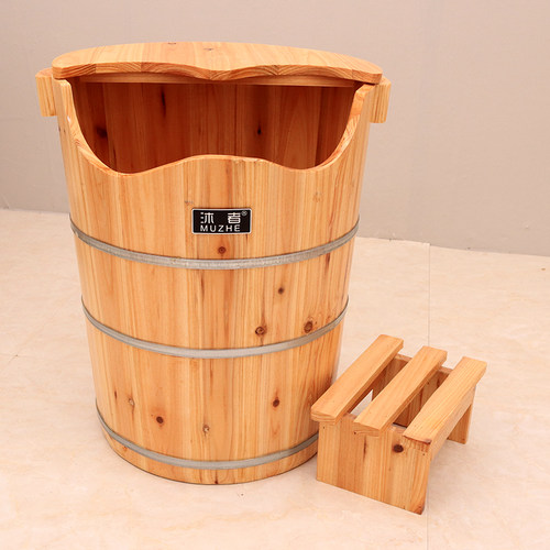 沐者泡脚木桶足浴木桶膝盖养生足浴店中药熏蒸成人泡脚45cm高带盖 - 图0